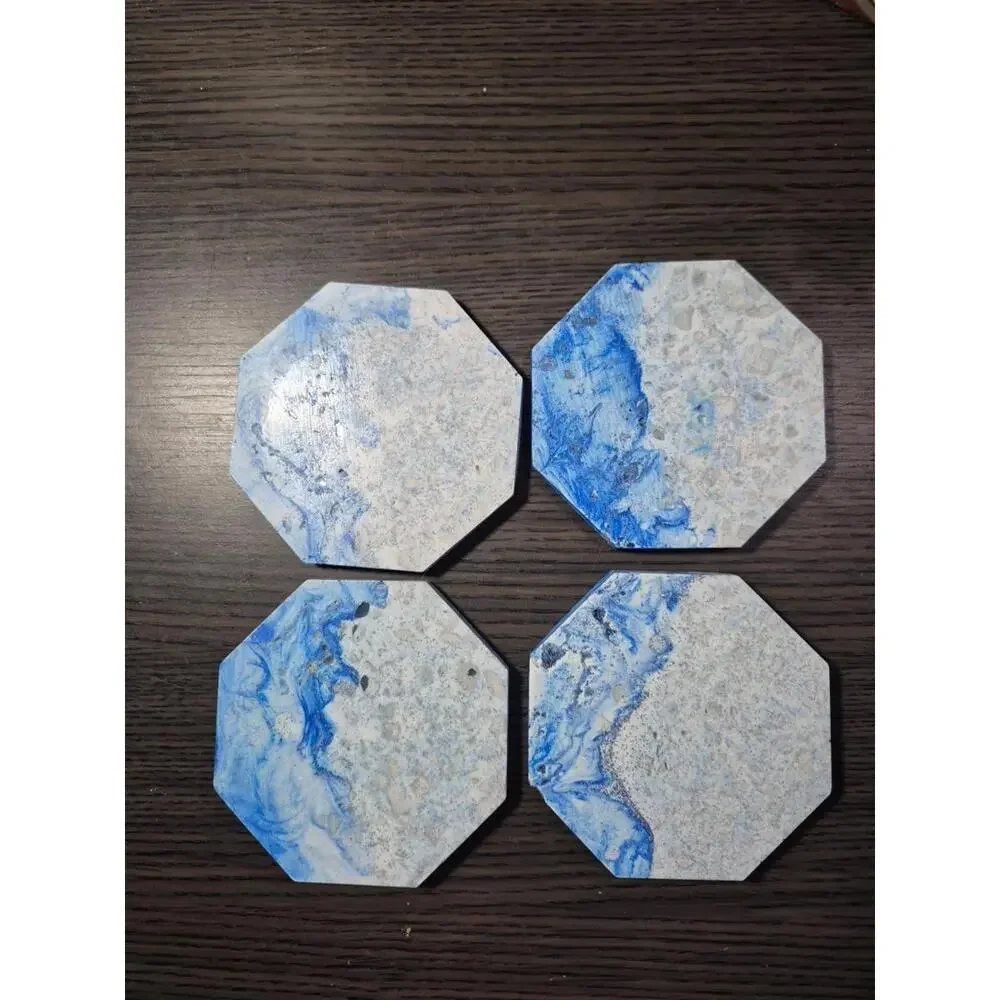 4 White/Blue/Gray Marbled Eco Resin Stone Look Hexagon Coasters 3 5/8” Handmade